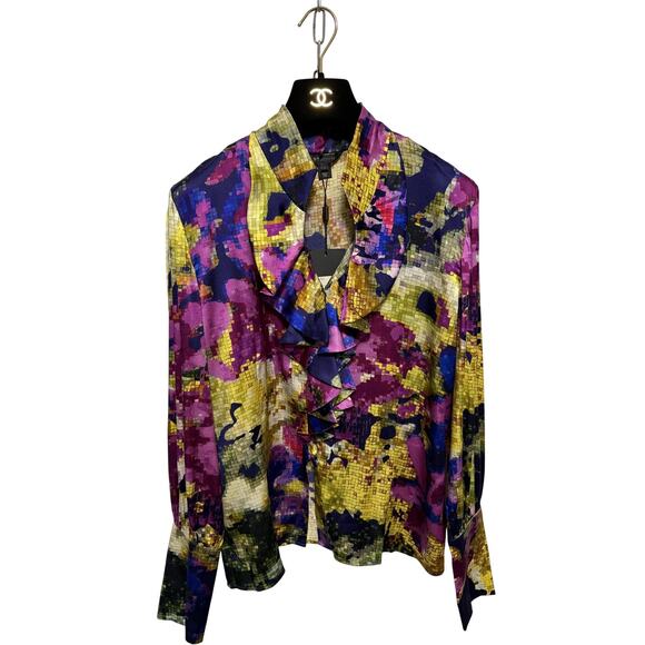 St. John Blouse Womens 8 Cobalt Celadon Multi Silk Ruffle Abstract Top K311WD1 - Picture 1 of 15